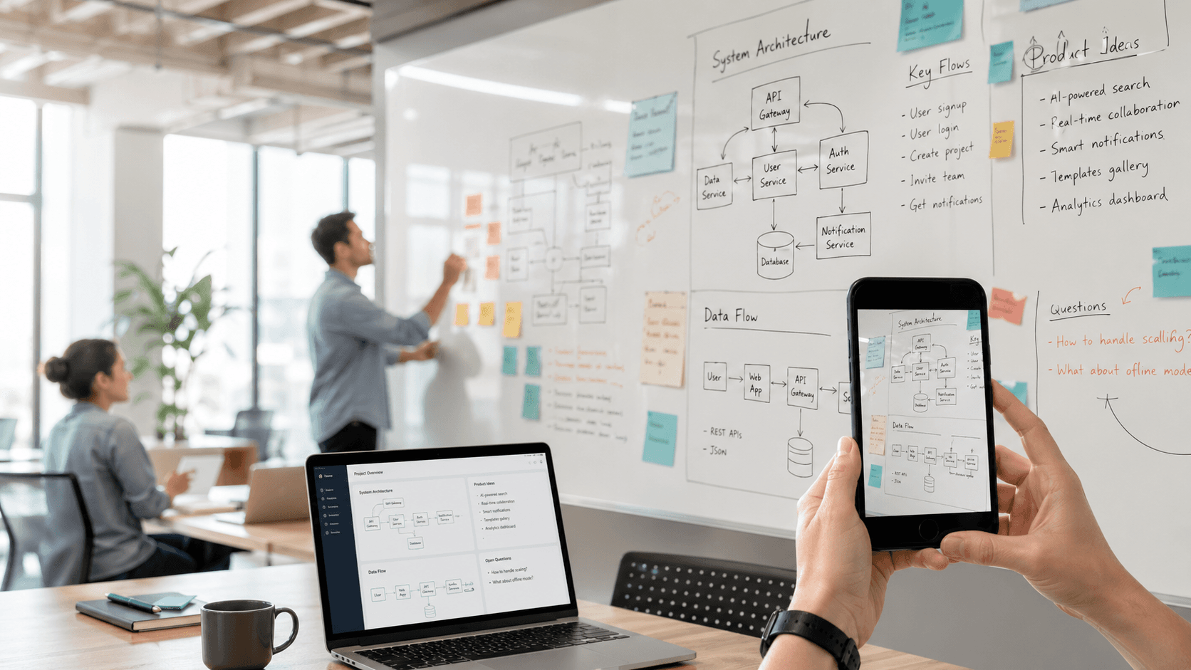 Office whiteboard being captured into organized digital notes