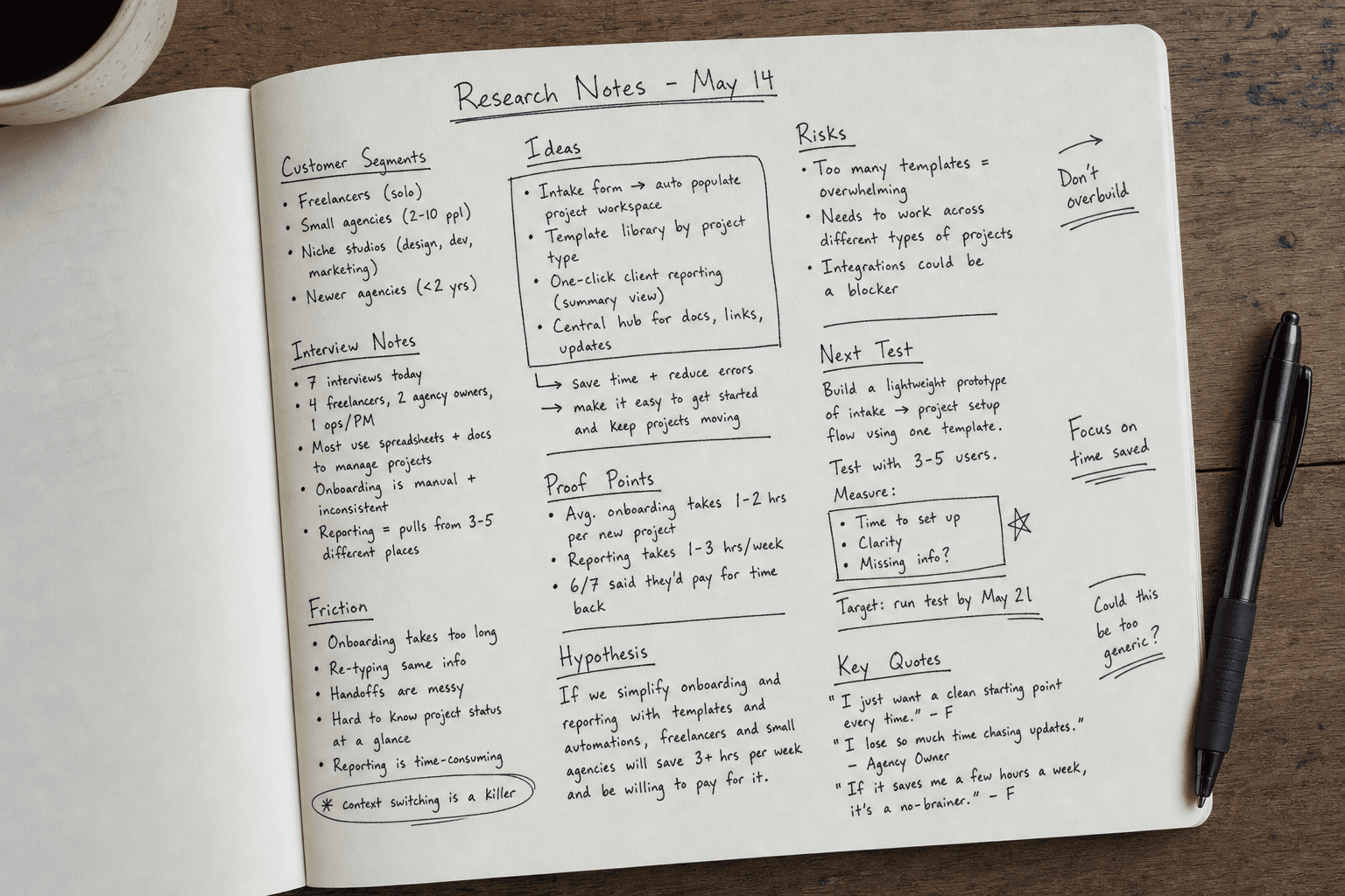 Representative handwritten research notes in an open notebook on a desk.